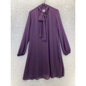 Ann Klein Women's Shift Dress Sheer Long Sleeve Solid Purple Size 8 Lined Bow